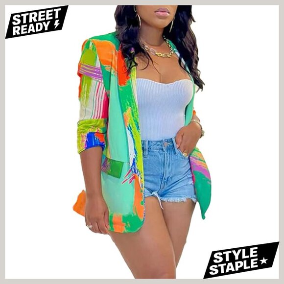 Polyester Blazer Jacket Long Sleeve Open Front Business Casual Slim Fit